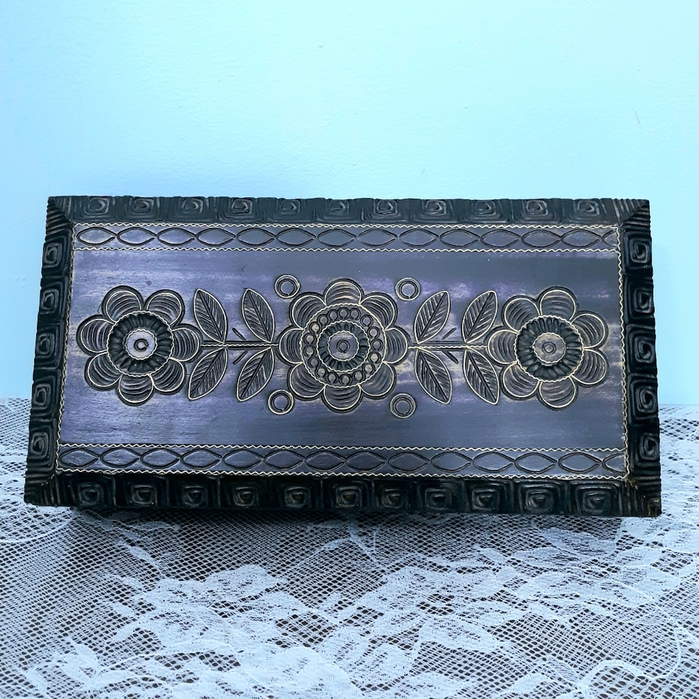 Purple Carved Polish Wooden Jewelry Flowers Floral Black Rectangle Trinket Hinge - Picture 7 of 11